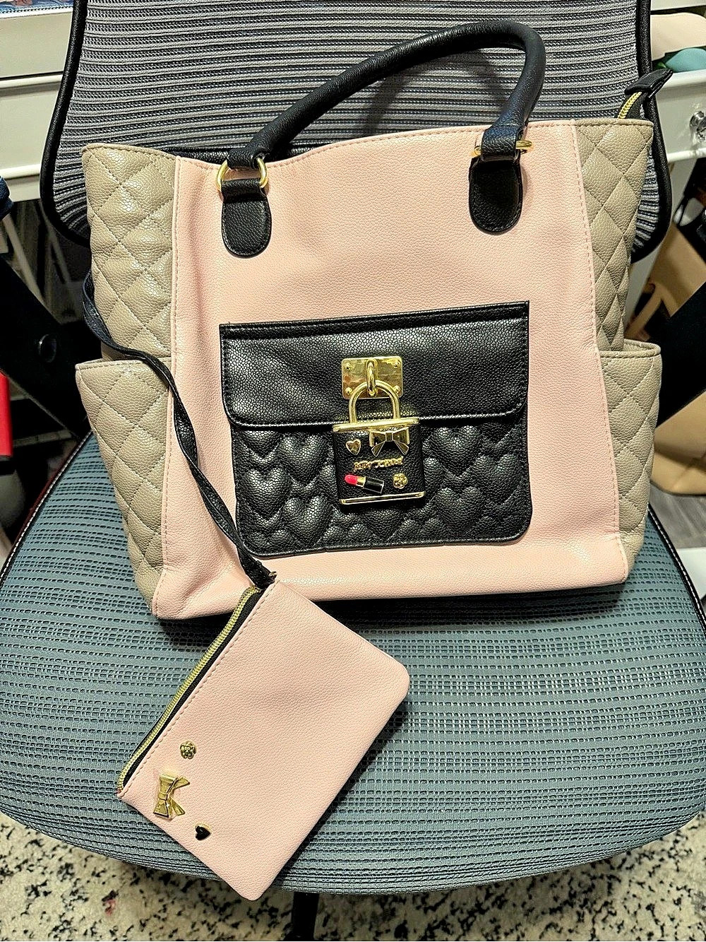 Betsey Johnson Quilted Tote in Pink & Black